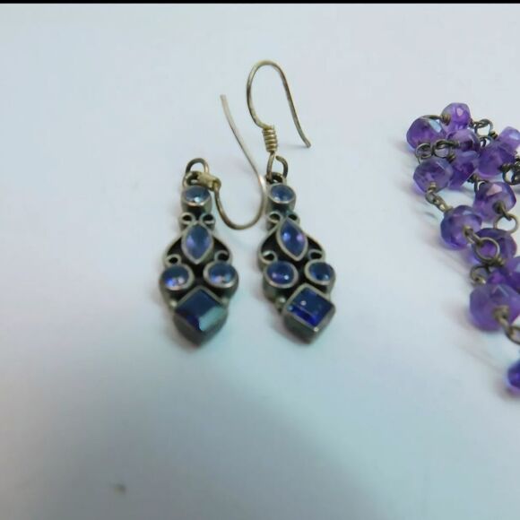 Artisan 925 Love Pendant Amethyst Bead Necklace & Faceted & Iolite Drop Earrings - Picture 3 of 8